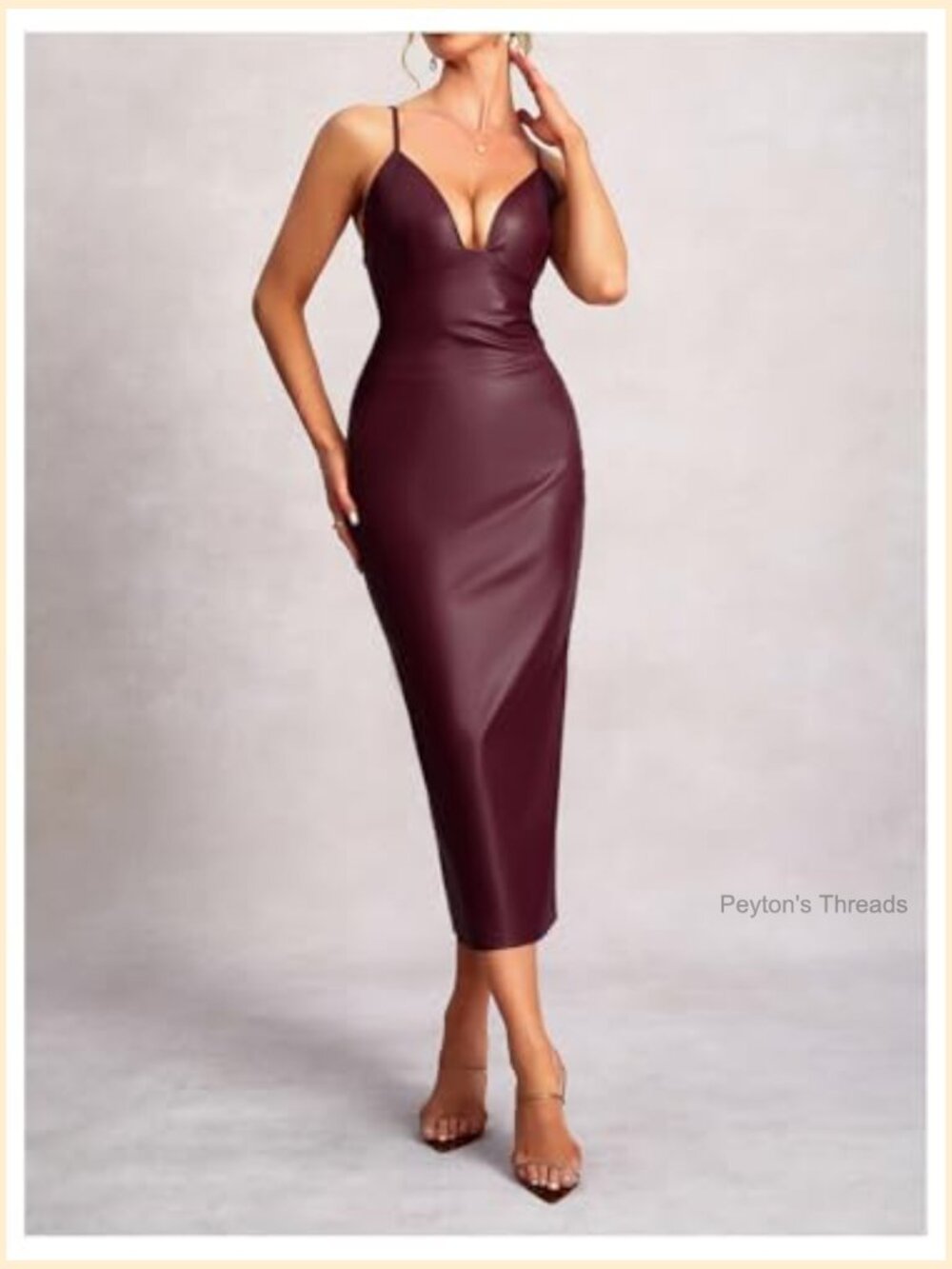 Sleeveless V-Neck Deep V Tie Back Leather Midi Dress for Party - Picture 4 of 6